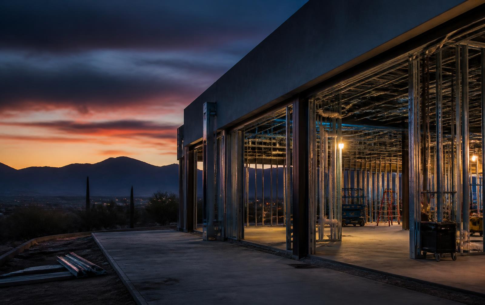 Commercial construction project in Tucson at dusk showing framing and electrical work